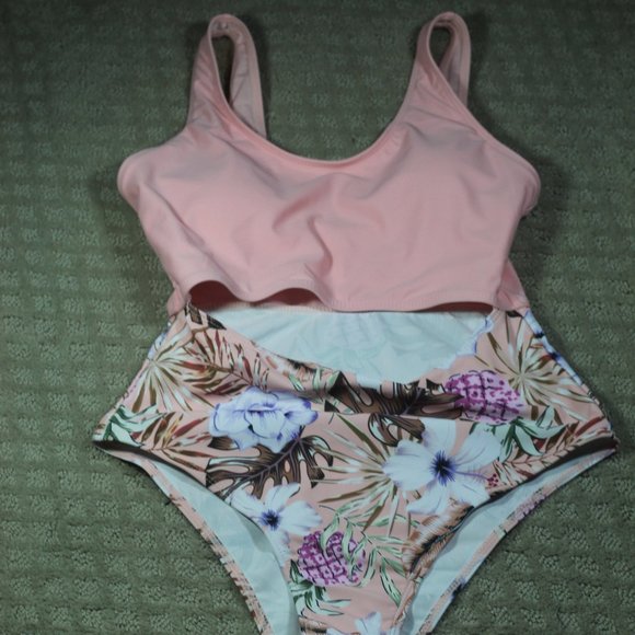 Pale Peach Pastel Tropical One Piece Swimsuit - Picture 1 of 6